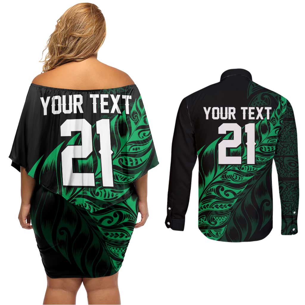 New Zealand Lawn Bowls Custom Couples Matching Off Shoulder Short Dress and Long Sleeve Button Shirt Green Maori Warrior Tribal Silver Fern - Polynesian Pride