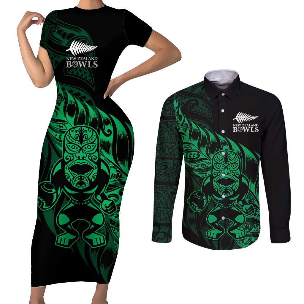 New Zealand Lawn Bowls Custom Couples Matching Short Sleeve Bodycon Dress and Long Sleeve Button Shirt Green Maori Warrior Tribal Silver Fern - Polynesian Pride