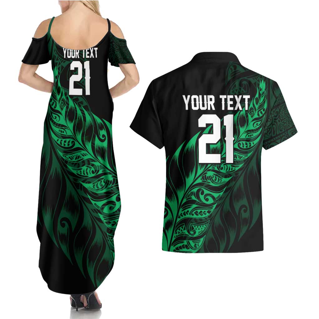 New Zealand Lawn Bowls Custom Couples Matching Summer Maxi Dress and Hawaiian Shirt Green Maori Warrior Tribal Silver Fern - Polynesian Pride