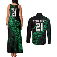 New Zealand Lawn Bowls Custom Couples Matching Tank Maxi Dress and Long Sleeve Button Shirt Green Maori Warrior Tribal Silver Fern - Polynesian Pride