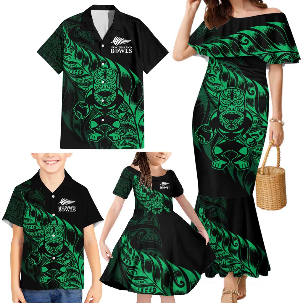 New Zealand Lawn Bowls Custom Family Matching Mermaid Dress and Hawaiian Shirt Green Maori Warrior Tribal Silver Fern - Polynesian Pride