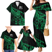 New Zealand Lawn Bowls Custom Family Matching Mermaid Dress and Hawaiian Shirt Green Maori Warrior Tribal Silver Fern - Polynesian Pride