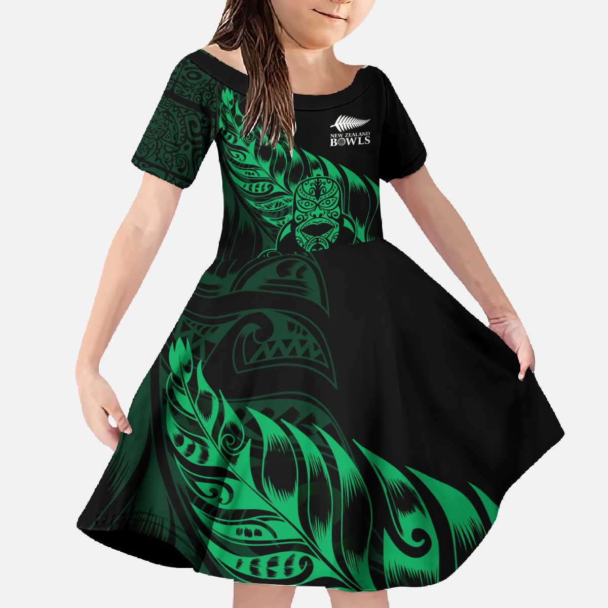 New Zealand Lawn Bowls Custom Family Matching Off The Shoulder Long Sleeve Dress and Hawaiian Shirt Green Maori Warrior Tribal Silver Fern - Polynesian Pride