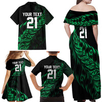 New Zealand Lawn Bowls Custom Family Matching Off Shoulder Maxi Dress and Hawaiian Shirt Green Maori Warrior Tribal Silver Fern - Polynesian Pride