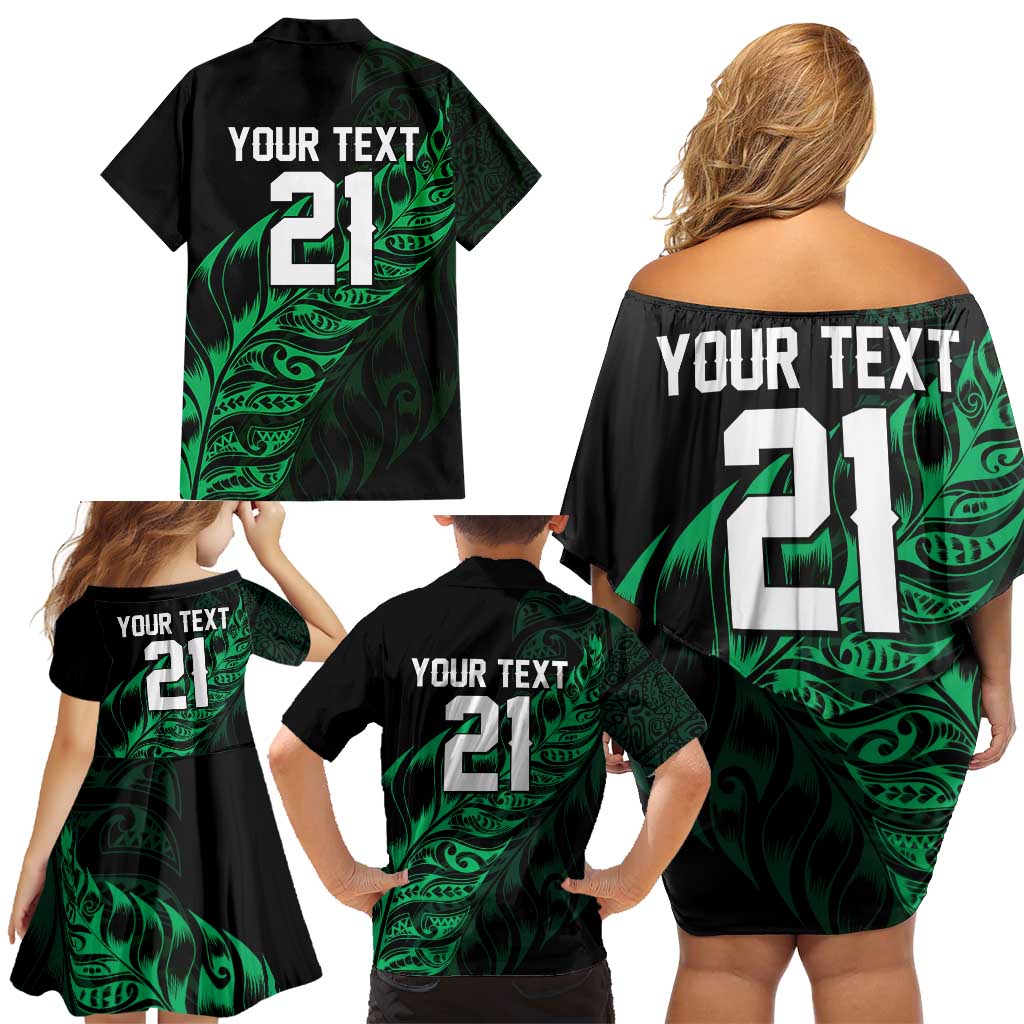 New Zealand Lawn Bowls Custom Family Matching Off Shoulder Short Dress and Hawaiian Shirt Green Maori Warrior Tribal Silver Fern - Polynesian Pride