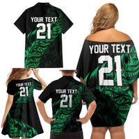 New Zealand Lawn Bowls Custom Family Matching Off Shoulder Short Dress and Hawaiian Shirt Green Maori Warrior Tribal Silver Fern - Polynesian Pride