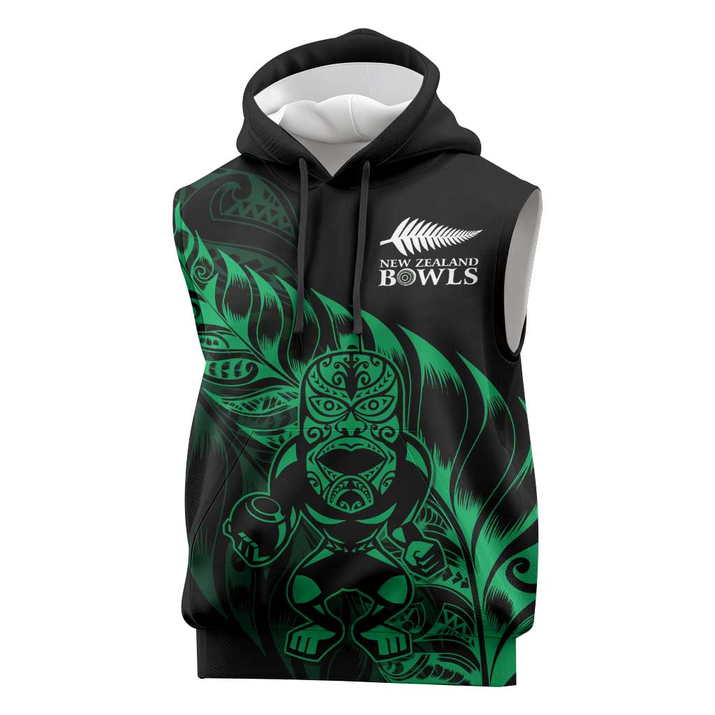New Zealand Lawn Bowls Custom Sleeveless Hoodie Green Maori Warrior Tribal Silver Fern - Polynesian Pride
