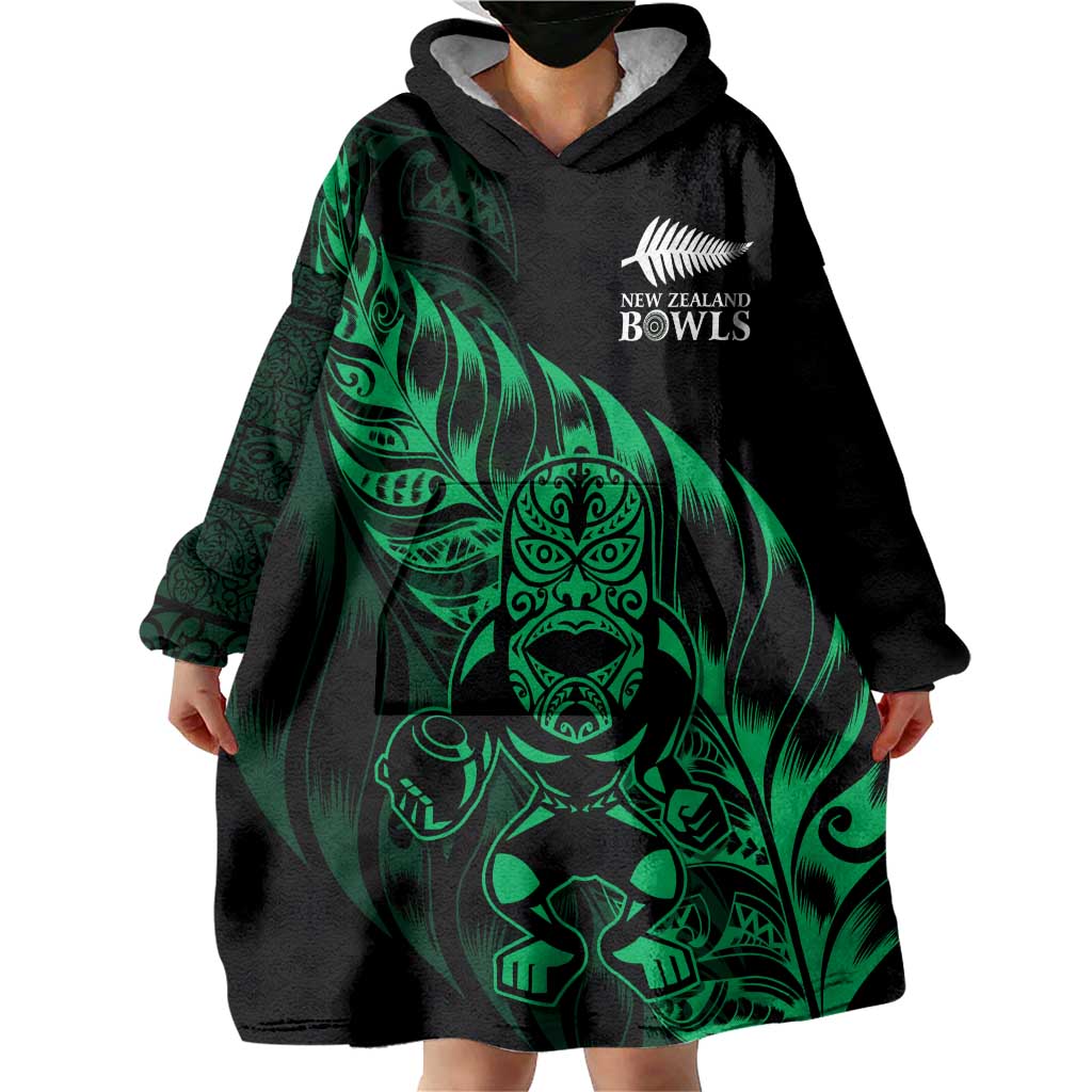 New Zealand Lawn Bowls Custom Wearable Blanket Hoodie Green Maori Warrior Tribal Silver Fern - Polynesian Pride