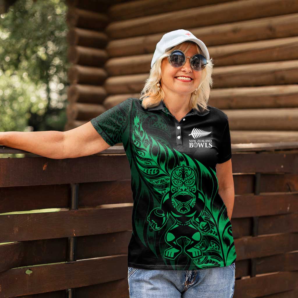 New Zealand Lawn Bowls Custom Women Polo Shirt Green Maori Warrior Tribal Silver Fern - Polynesian Pride