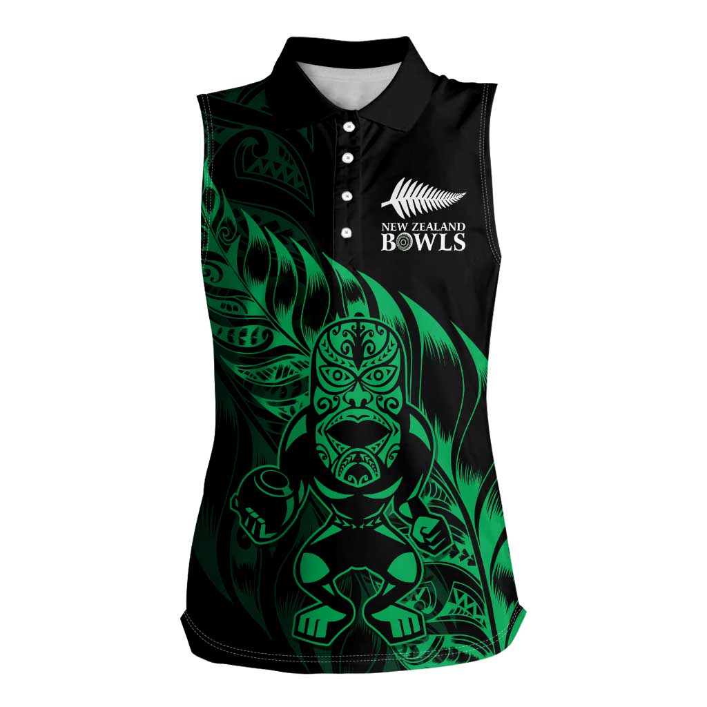 New Zealand Lawn Bowls Custom Women Sleeveless Polo Shirt Green Maori Warrior Tribal Silver Fern - Polynesian Pride
