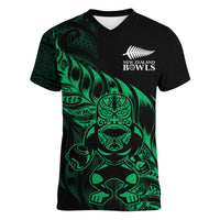 New Zealand Lawn Bowls Custom Women V-Neck T-Shirt Green Maori Warrior Tribal Silver Fern - Polynesian Pride