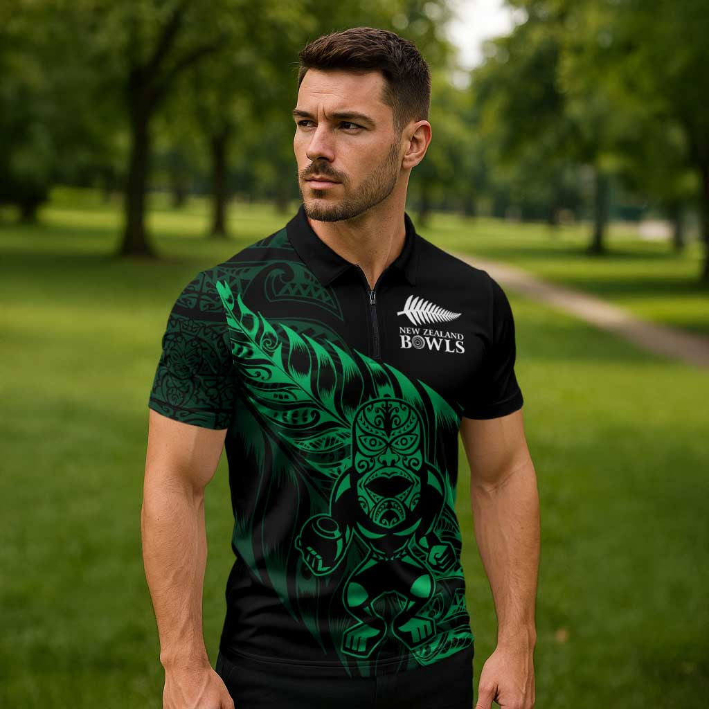 New Zealand Lawn Bowls Custom Zipper Polo Shirt Green Maori Warrior Tribal Silver Fern - Polynesian Pride