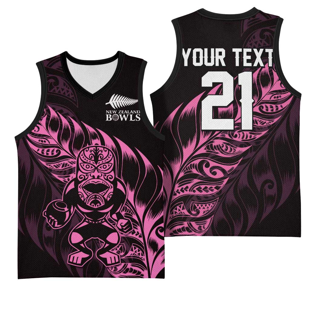 New Zealand Lawn Bowls Custom Basketball Jersey Pink Maori Warrior Tribal Silver Fern - Polynesian Pride