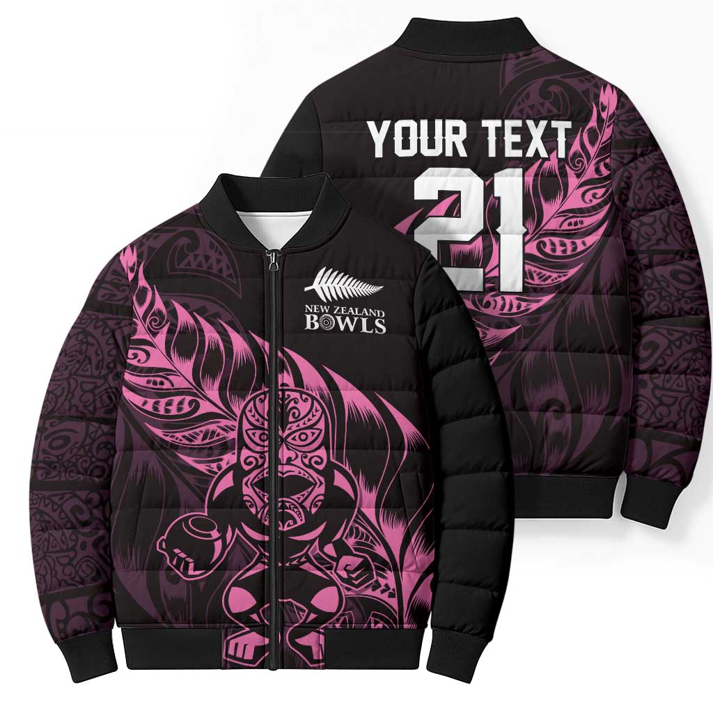 New Zealand Lawn Bowls Custom Bomber Puffer Jacket Pink Maori Warrior Tribal Silver Fern - Polynesian Pride