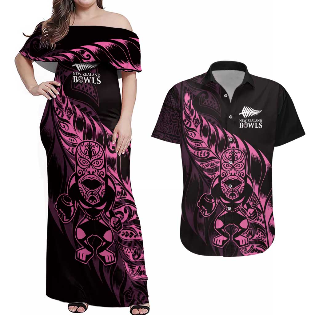 New Zealand Lawn Bowls Custom Couples Matching Off Shoulder Maxi Dress and Hawaiian Shirt Pink Maori Warrior Tribal Silver Fern - Polynesian Pride