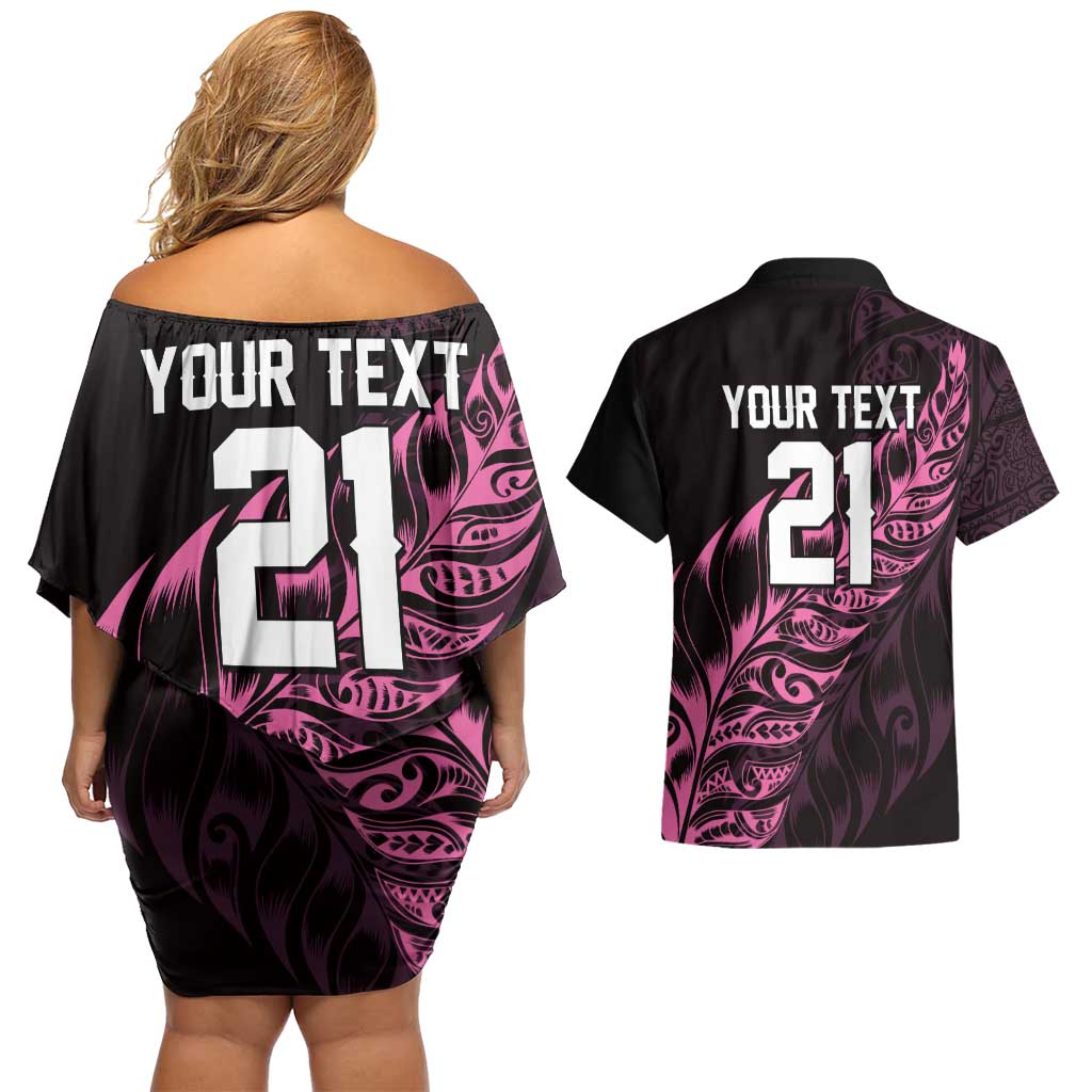 New Zealand Lawn Bowls Custom Couples Matching Off Shoulder Short Dress and Hawaiian Shirt Pink Maori Warrior Tribal Silver Fern - Polynesian Pride