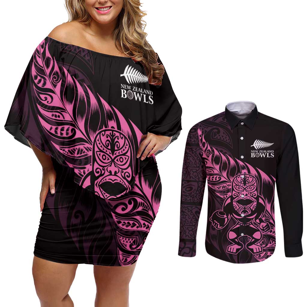 New Zealand Lawn Bowls Custom Couples Matching Off Shoulder Short Dress and Long Sleeve Button Shirt Pink Maori Warrior Tribal Silver Fern - Polynesian Pride