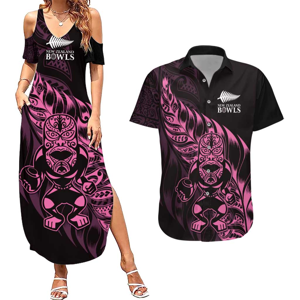 New Zealand Lawn Bowls Custom Couples Matching Summer Maxi Dress and Hawaiian Shirt Pink Maori Warrior Tribal Silver Fern - Polynesian Pride
