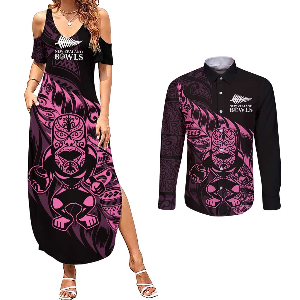 New Zealand Lawn Bowls Custom Couples Matching Summer Maxi Dress and Long Sleeve Button Shirt Pink Maori Warrior Tribal Silver Fern - Polynesian Pride