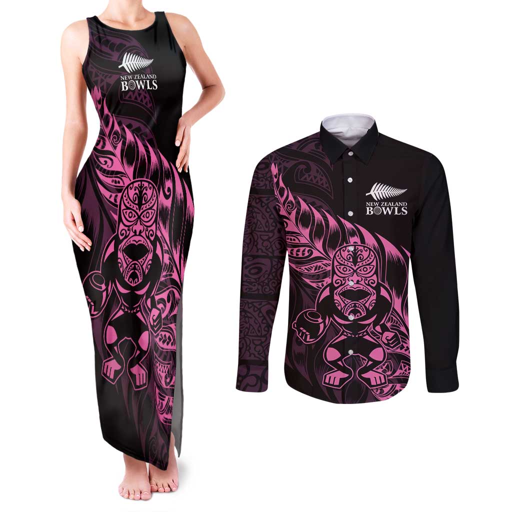 New Zealand Lawn Bowls Custom Couples Matching Tank Maxi Dress and Long Sleeve Button Shirt Pink Maori Warrior Tribal Silver Fern - Polynesian Pride