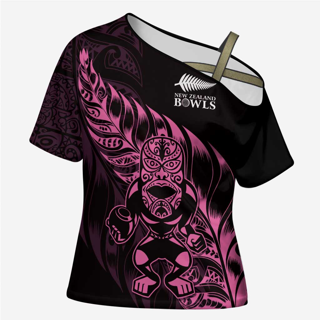 New Zealand Lawn Bowls Custom Cross Shoulder Shirt Pink Maori Warrior Tribal Silver Fern - Polynesian Pride