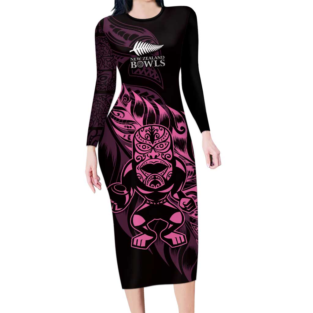 New Zealand Lawn Bowls Custom Family Matching Long Sleeve Bodycon Dress and Hawaiian Shirt Pink Maori Warrior Tribal Silver Fern - Polynesian Pride