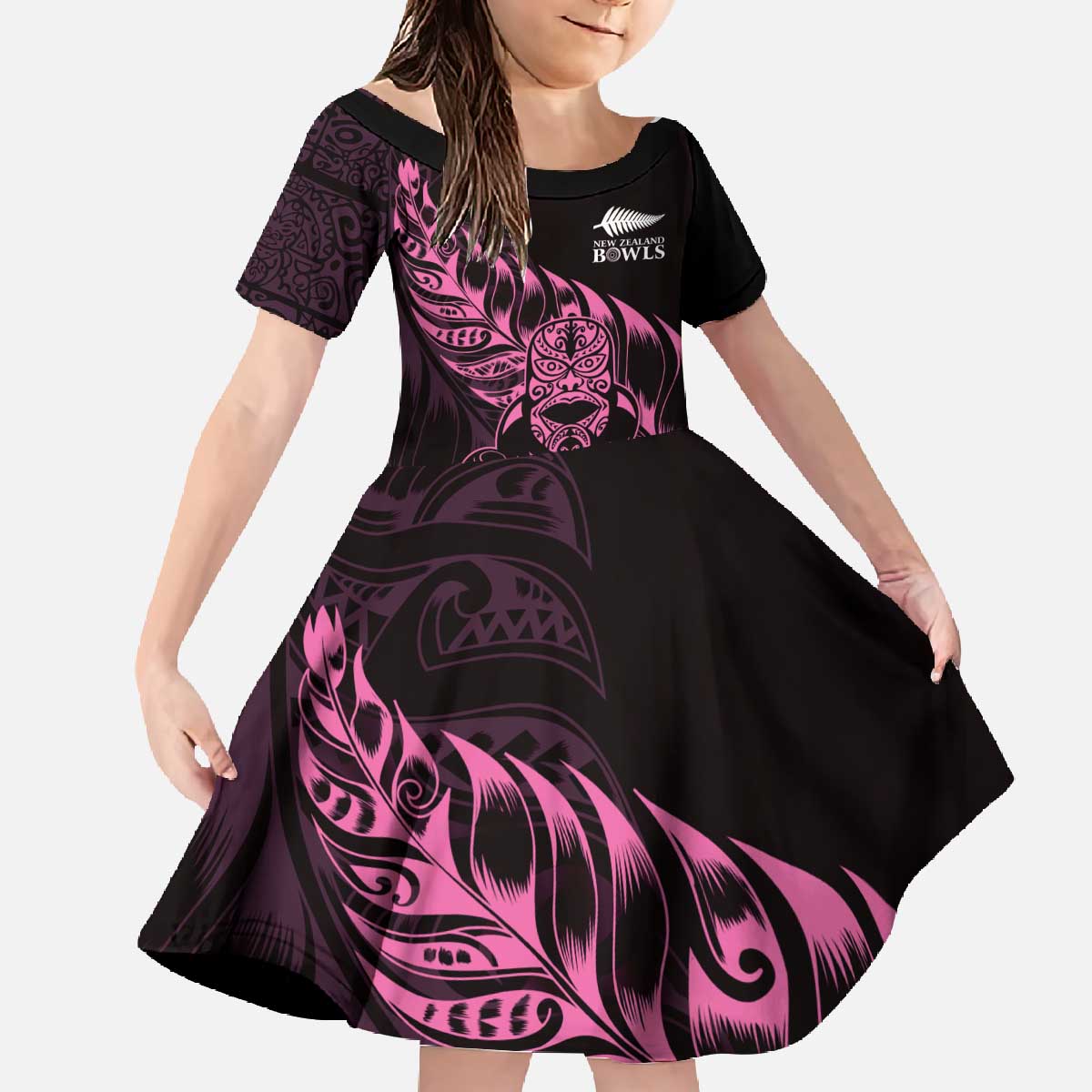 New Zealand Lawn Bowls Custom Family Matching Off The Shoulder Long Sleeve Dress and Hawaiian Shirt Pink Maori Warrior Tribal Silver Fern - Polynesian Pride