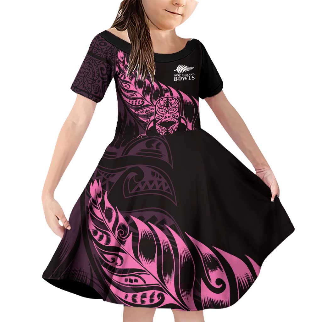New Zealand Lawn Bowls Custom Family Matching Off Shoulder Short Dress and Hawaiian Shirt Pink Maori Warrior Tribal Silver Fern - Polynesian Pride