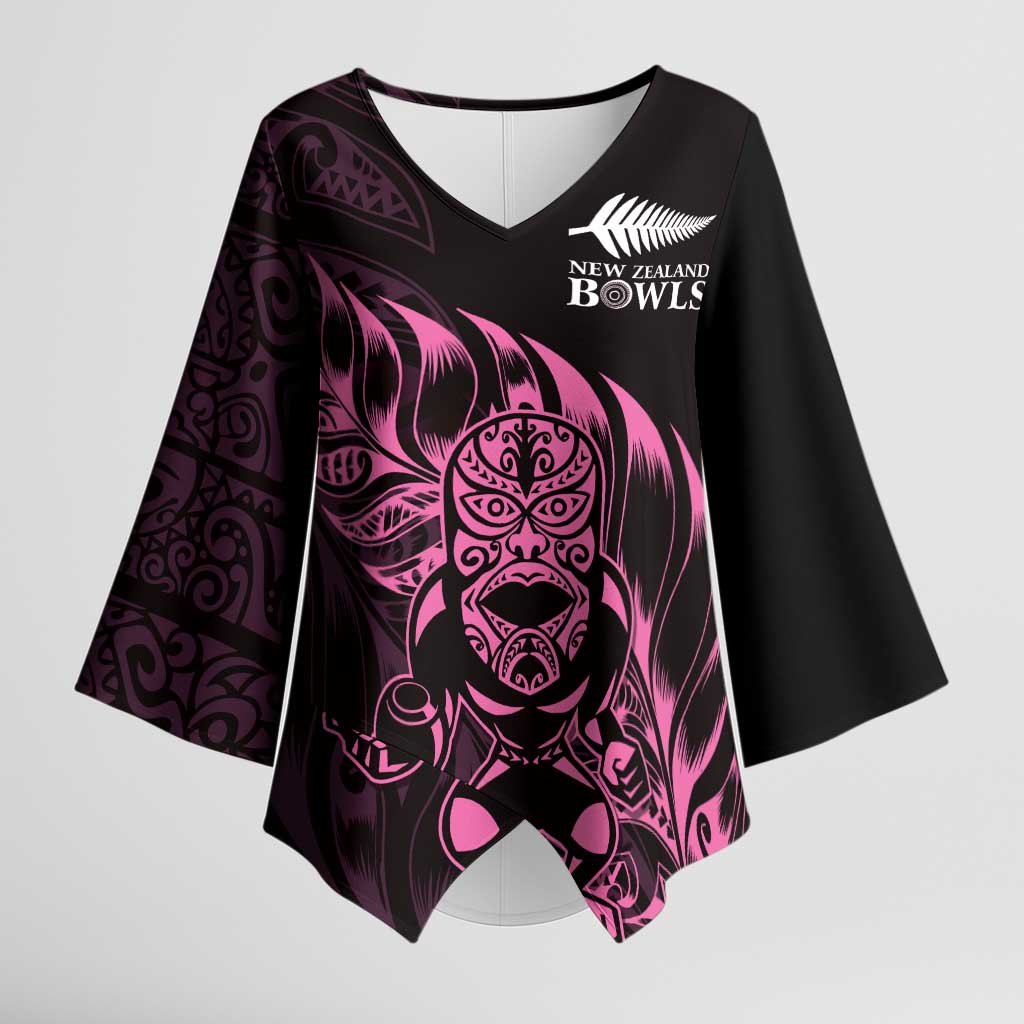 New Zealand Lawn Bowls Custom Kimono Sleeve Blouse Pink Maori Warrior Tribal Silver Fern - Polynesian Pride