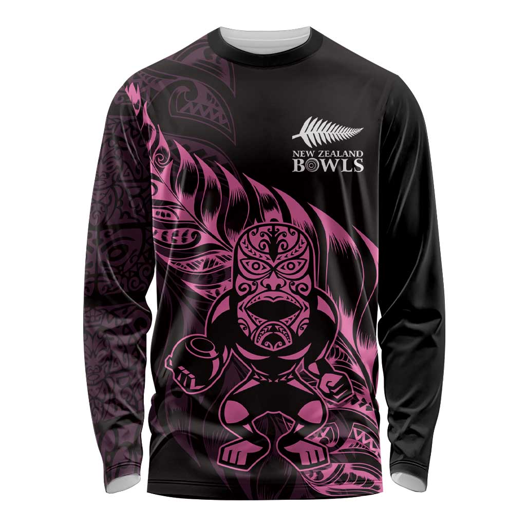 New Zealand Lawn Bowls Custom Long Sleeve Shirt Pink Maori Warrior Tribal Silver Fern - Polynesian Pride