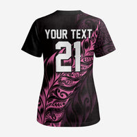 New Zealand Lawn Bowls Custom Scrub Top Pink Maori Warrior Tribal Silver Fern - Polynesian Pride