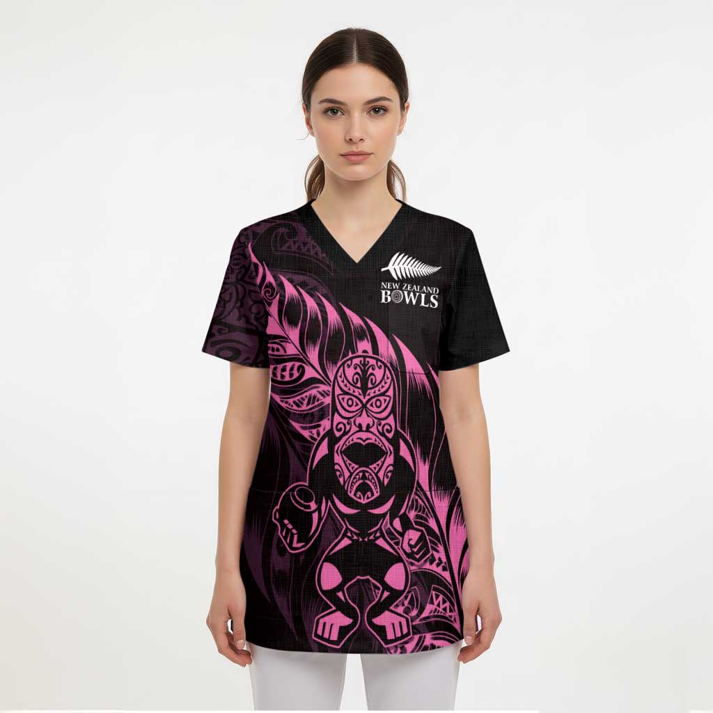 New Zealand Lawn Bowls Custom Scrub Top Pink Maori Warrior Tribal Silver Fern - Polynesian Pride