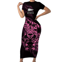 New Zealand Lawn Bowls Custom Short Sleeve Bodycon Dress Pink Maori Warrior Tribal Silver Fern - Polynesian Pride