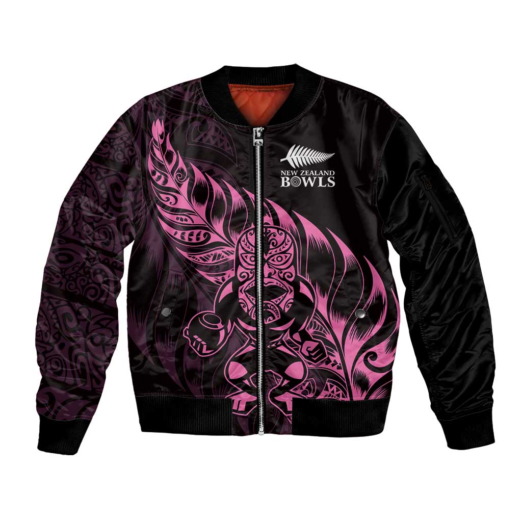 New Zealand Lawn Bowls Custom Sleeve Zip Bomber Jacket Pink Maori Warrior Tribal Silver Fern - Polynesian Pride
