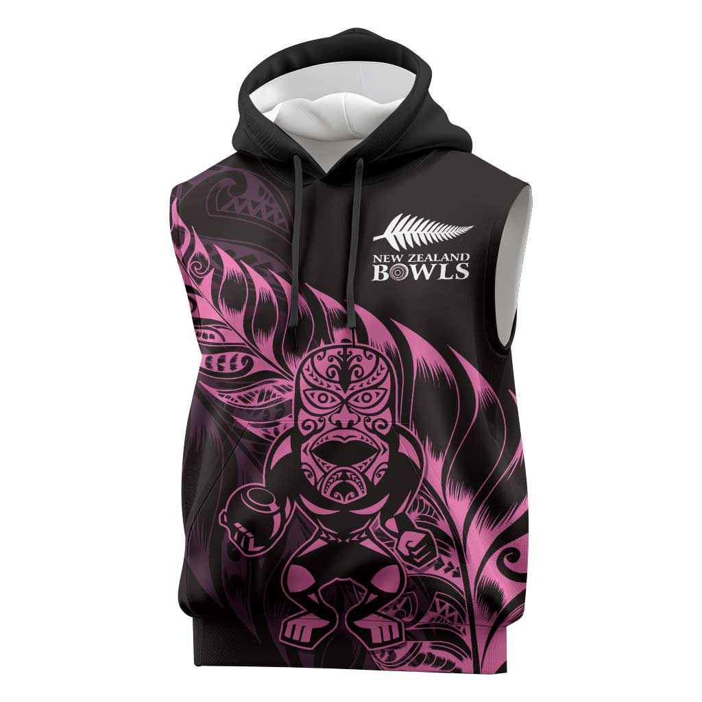 New Zealand Lawn Bowls Custom Sleeveless Hoodie Pink Maori Warrior Tribal Silver Fern - Polynesian Pride
