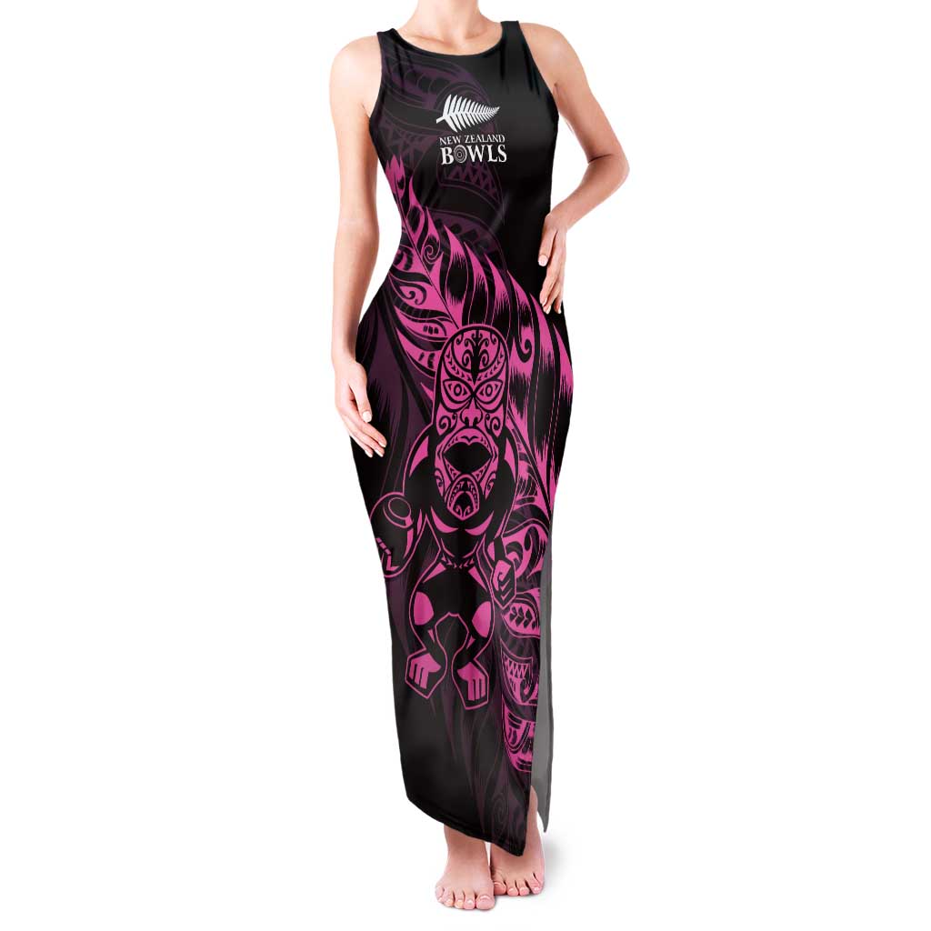 New Zealand Lawn Bowls Custom Tank Maxi Dress Pink Maori Warrior Tribal Silver Fern - Polynesian Pride