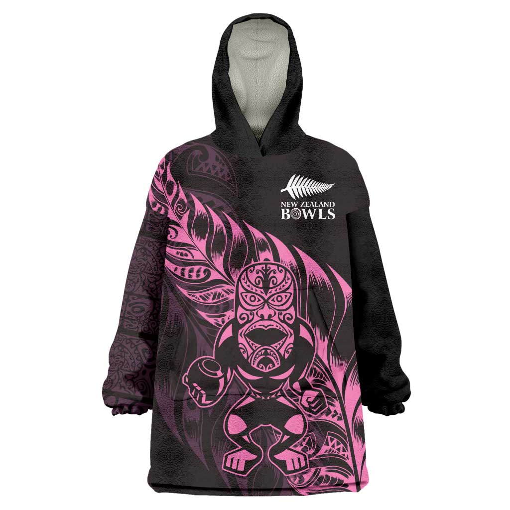 New Zealand Lawn Bowls Custom Wearable Blanket Hoodie Pink Maori Warrior Tribal Silver Fern - Polynesian Pride