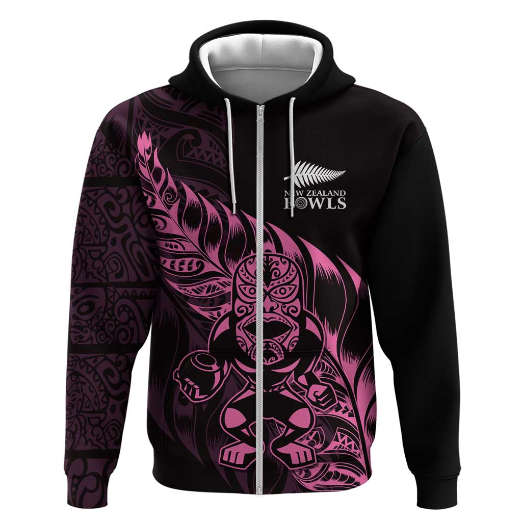 New Zealand Lawn Bowls Custom Zip Hoodie Pink Maori Warrior Tribal Silver Fern - Polynesian Pride