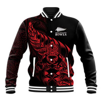 New Zealand Lawn Bowls Custom Baseball Jacket Red Maori Warrior Tribal Silver Fern - Polynesian Pride