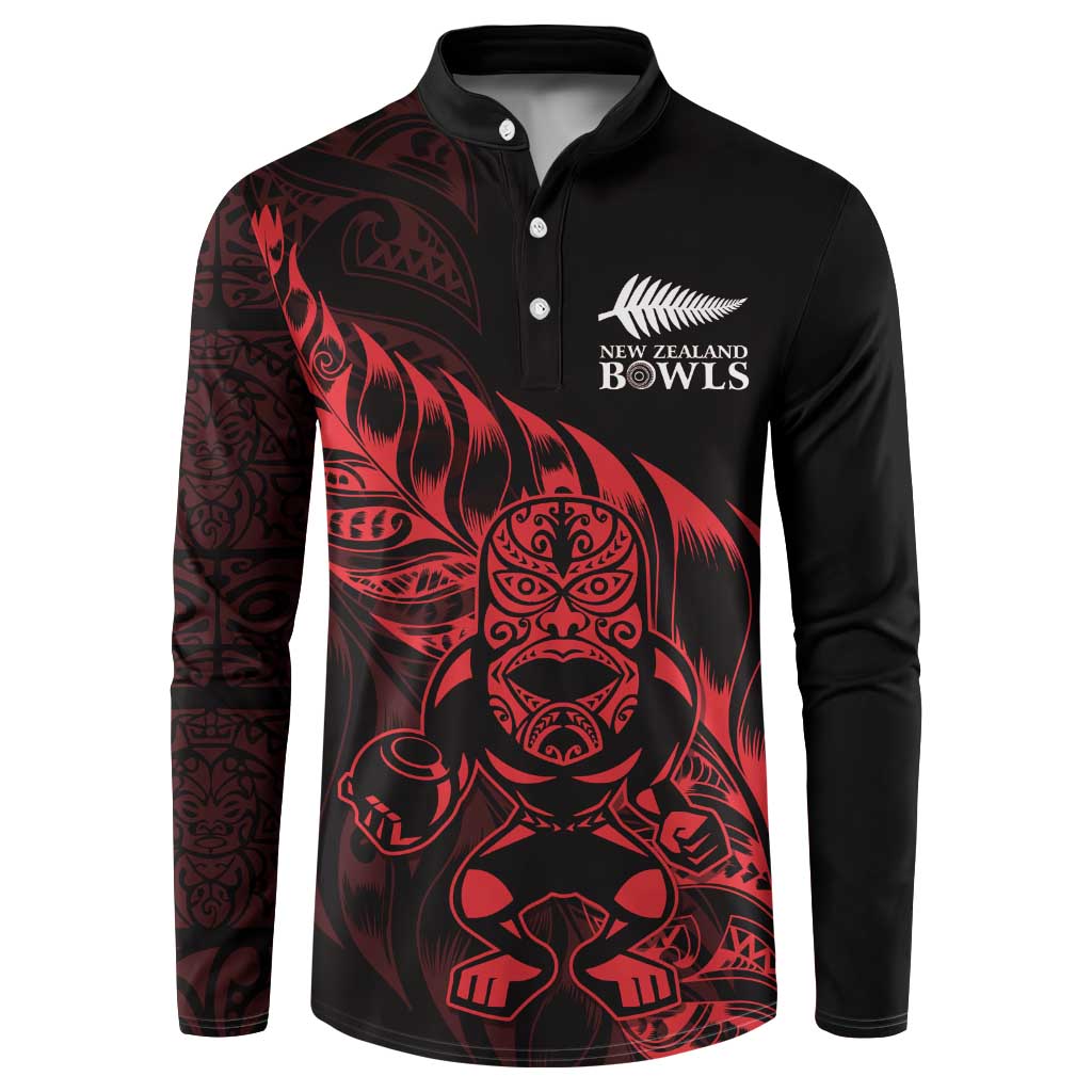 New Zealand Lawn Bowls Custom Button Sweatshirt Red Maori Warrior Tribal Silver Fern - Polynesian Pride