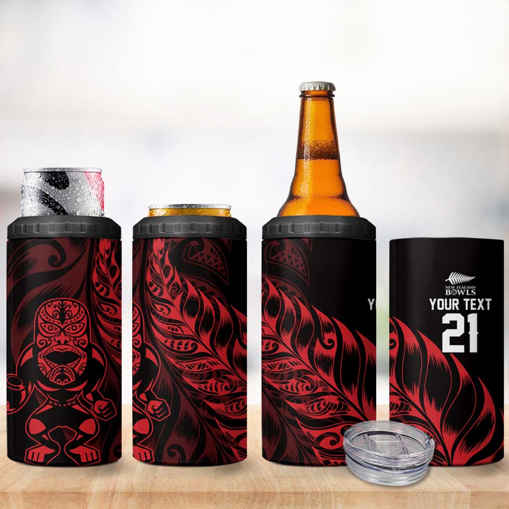 New Zealand Lawn Bowls Custom 4 in 1 Can Cooler Tumbler Red Maori Warrior Tribal Silver Fern - Polynesian Pride