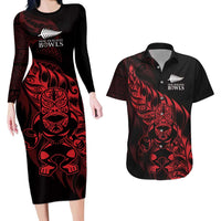 New Zealand Lawn Bowls Custom Couples Matching Long Sleeve Bodycon Dress and Hawaiian Shirt Red Maori Warrior Tribal Silver Fern - Polynesian Pride