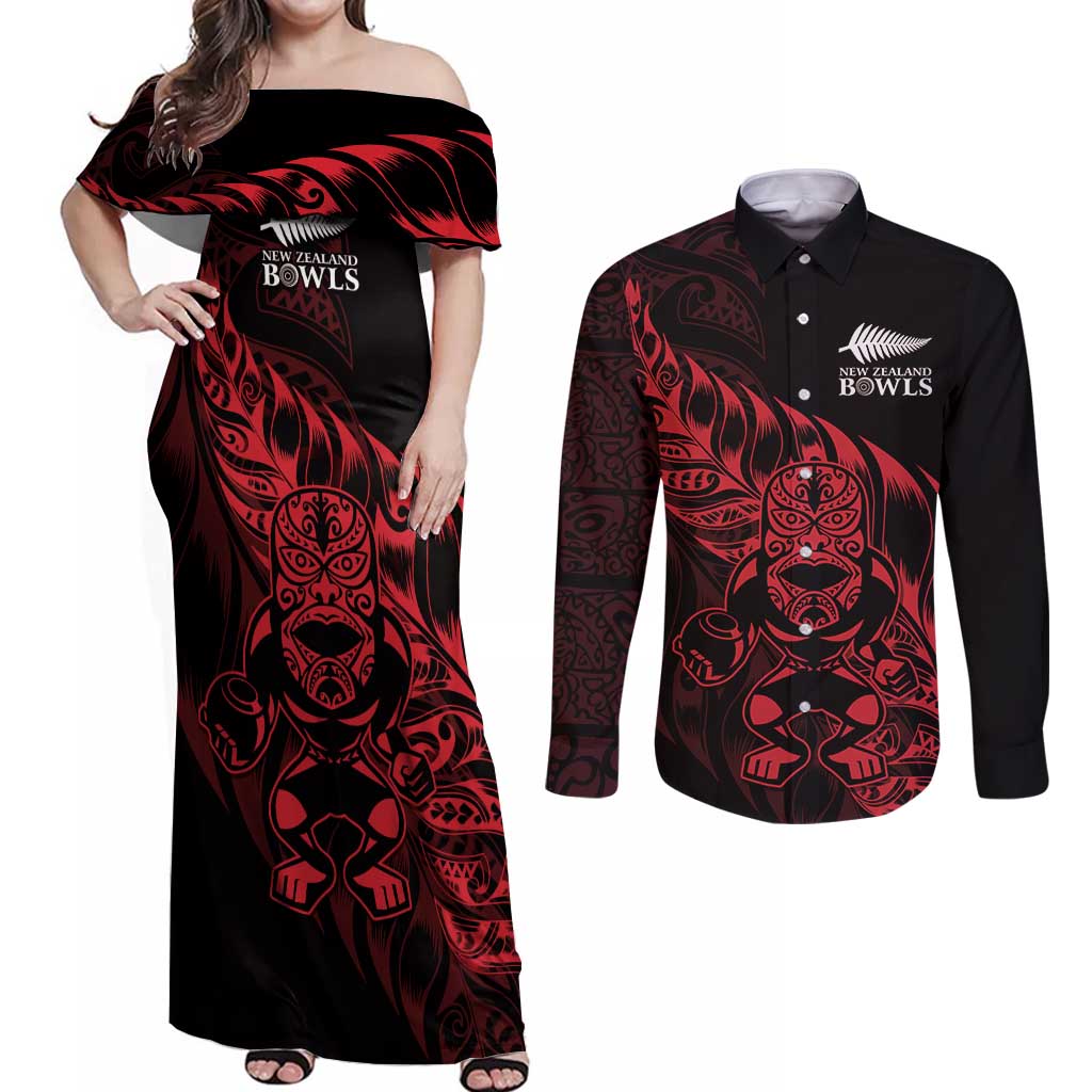 New Zealand Lawn Bowls Custom Couples Matching Off Shoulder Maxi Dress and Long Sleeve Button Shirt Red Maori Warrior Tribal Silver Fern - Polynesian Pride