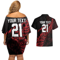 New Zealand Lawn Bowls Custom Couples Matching Off Shoulder Short Dress and Hawaiian Shirt Red Maori Warrior Tribal Silver Fern - Polynesian Pride
