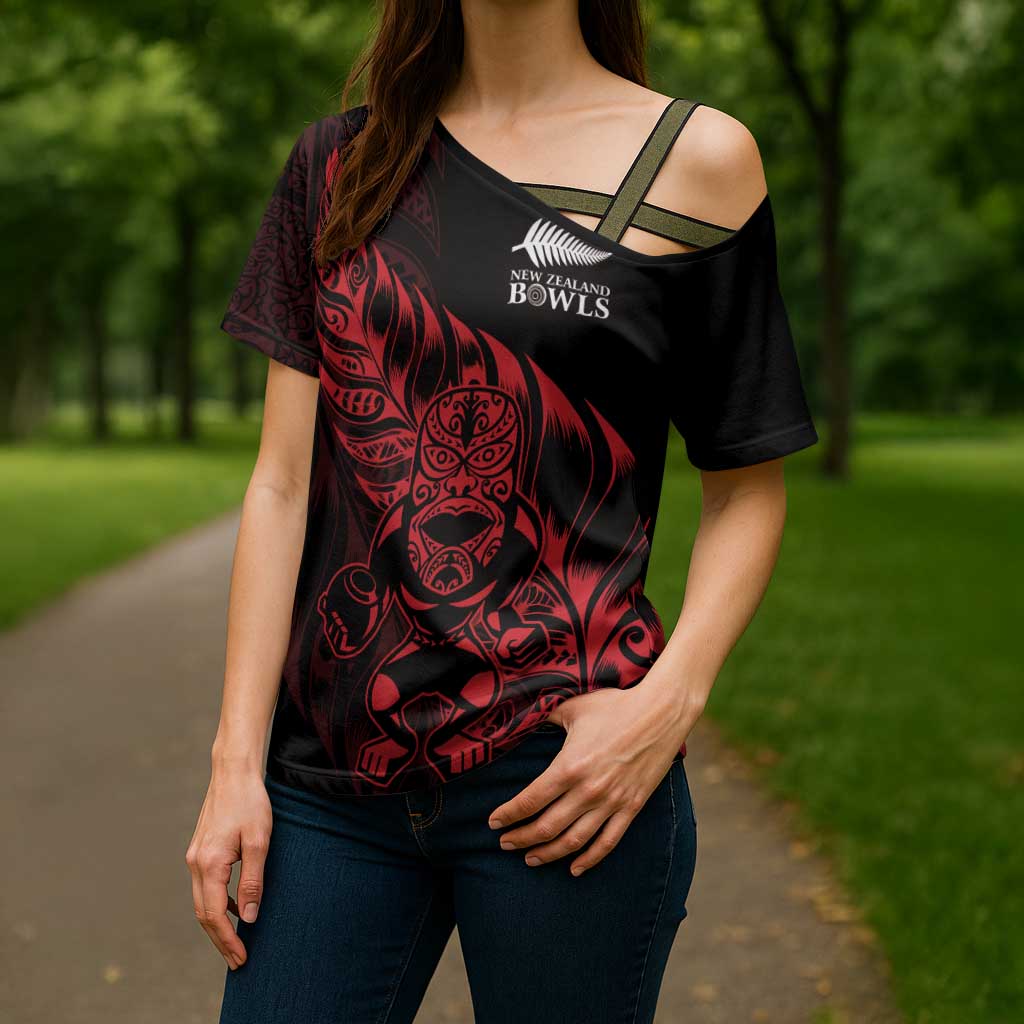 New Zealand Lawn Bowls Custom Cross Shoulder Shirt Red Maori Warrior Tribal Silver Fern - Polynesian Pride
