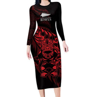 New Zealand Lawn Bowls Custom Family Matching Long Sleeve Bodycon Dress and Hawaiian Shirt Red Maori Warrior Tribal Silver Fern - Polynesian Pride