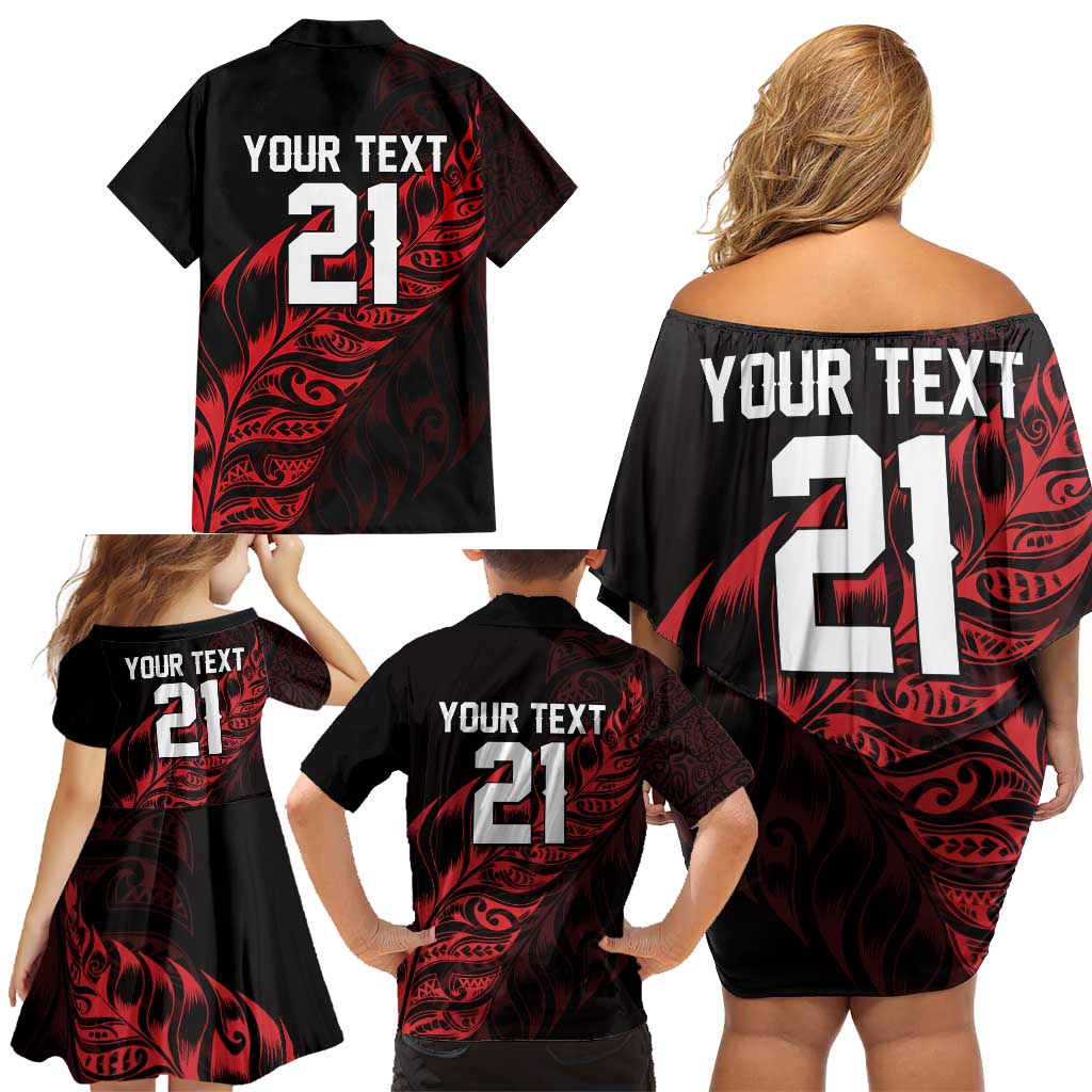 New Zealand Lawn Bowls Custom Family Matching Off Shoulder Short Dress and Hawaiian Shirt Red Maori Warrior Tribal Silver Fern - Polynesian Pride