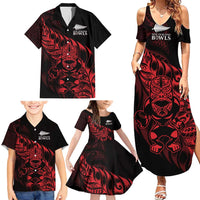 New Zealand Lawn Bowls Custom Family Matching Summer Maxi Dress and Hawaiian Shirt Red Maori Warrior Tribal Silver Fern - Polynesian Pride