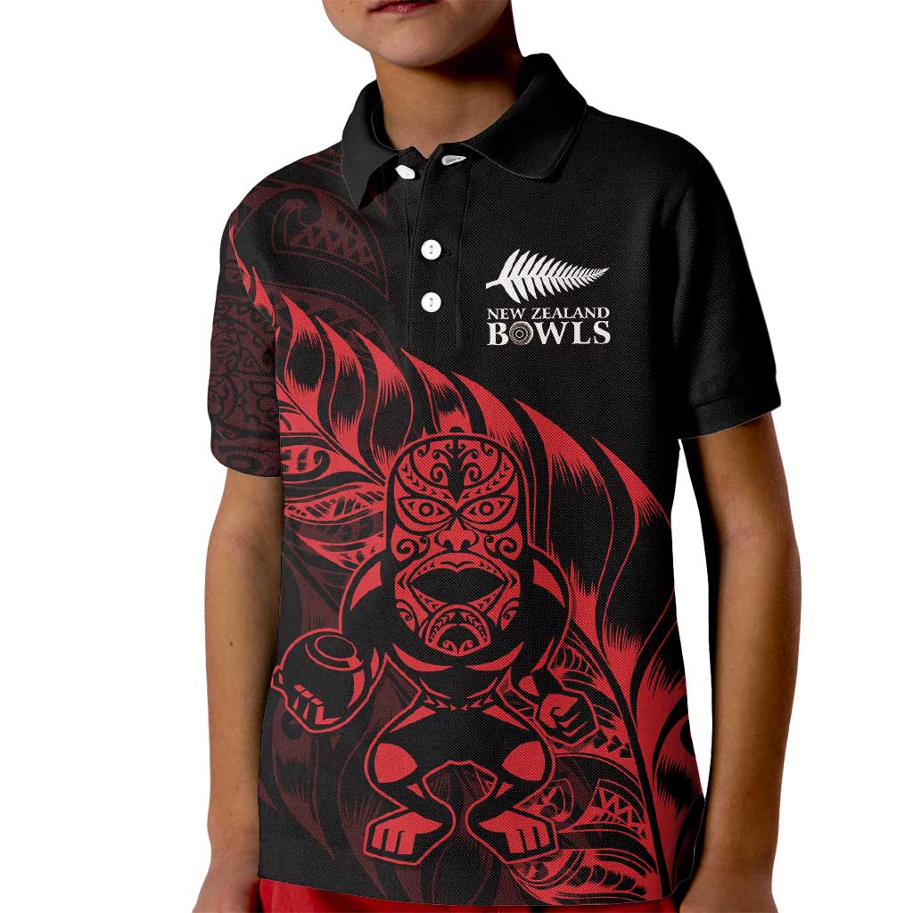 New Zealand Lawn Bowls Custom Kid Polo Shirt Red Maori Warrior Tribal Silver Fern - Polynesian Pride