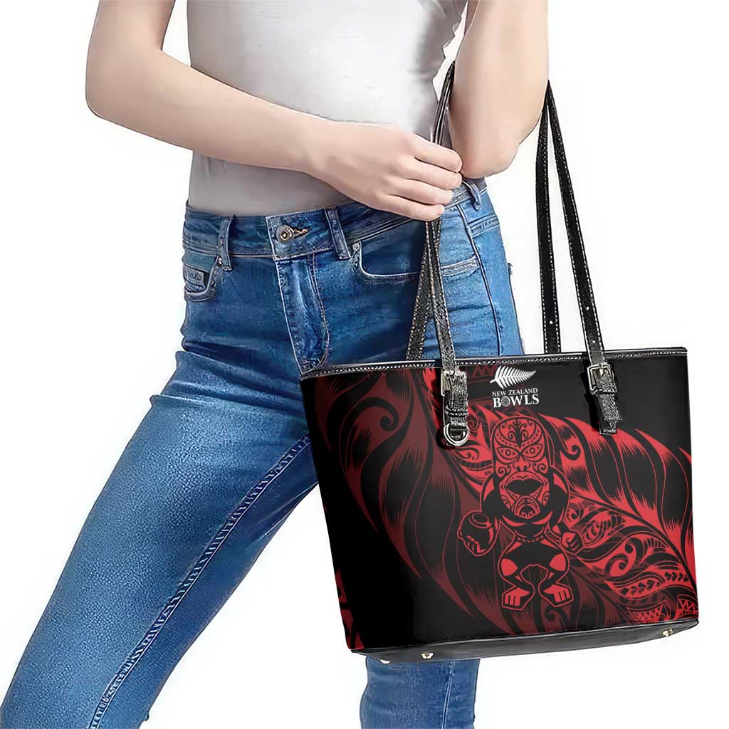 New Zealand Lawn Bowls Leather Tote Bag Red Maori Warrior Tribal Silver Fern - Polynesian Pride